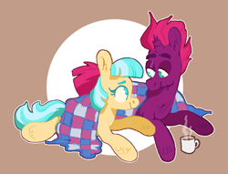 Size: 1280x979 | Tagged: safe, artist:msponies, coco pommel, tempest shadow, earth pony, pony, unicorn, g4, coffee mug, crack shipping, duo, female, looking at each other, looking at someone, male, mug, quilt, shipping, straight, tempestpommel, trans male, transgender