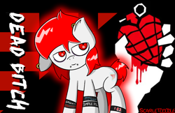 Size: 2500x1622 | Tagged: safe, artist:scarletdoodle, oc, oc only, oc:scarlet breeze, complex background, ear piercing, emo, green day, lip piercing, male, male oc, piercing, red eyes, red mane, snake bites, solo, stallion, text, white coat, wristband