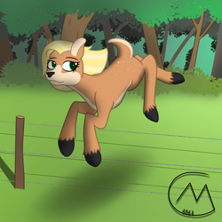 Size: 3200x3200 | Tagged: safe, artist:maître cervidé, oc, oc only, oc:gaia, original species, blonde hair, doe, female, fence, forest, gift art, high res, jumping, solo