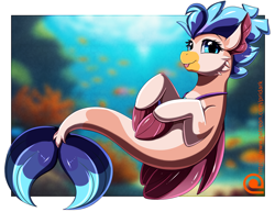 Size: 2909x2250 | Tagged: safe, artist:pridark, oc, oc only, classical hippogriff, hippogriff, seapony (g4), g4, beak, blue eyes, blue mane, blue tail, blurry background, bubble, commission, coral, crepuscular rays, cute, digital art, dorsal fin, eyelashes, female, fin, fin wings, fins, fish tail, floppy ears, flowing mane, flowing tail, high res, jewelry, looking at you, necklace, ocean, patreon, seaponified, seaweed, smiling, smiling at you, solo, species swap, sunlight, swimming, tail, underwater, water, wings