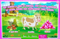 Size: 1680x1111 | Tagged: safe, gameloft, mooriella, cow, g4, apple, costs real money, female, food, gem, introduction card, solo, teats, udder