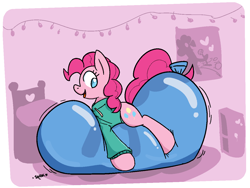 Size: 1222x921 | Tagged: safe, anonymous artist, pinkie pie, earth pony, pony, g4, balloon, balloon riding, clothes, hoodie, open mouth, open smile, simple background, smiling, solo, that pony sure does love balloons