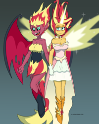 Size: 4800x6000 | Tagged: safe, artist:cadenreigns, sunset shimmer, demon, human, equestria girls 10th anniversary, equestria girls, g4, my little pony equestria girls, my little pony equestria girls: better together, blouse, breasts, busty sunset shimmer, clothes, daydream shimmer, duality, duo, duo female, female, glowing, glowing horn, horn, skirt, smiling, smirk, spread wings, stare, sunset satan, tail, wings