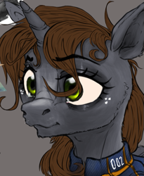 Size: 461x563 | Tagged: safe, artist:aviarts, oc, oc:littlepip, pony, unicorn, fallout equestria, brown mane, bust, clothes, eyeshadow, female, freckles, gray background, gray coat, green eyes, jumpsuit, makeup, mare, portrait, short, simple background, small, solo, stable-tec, vault suit, whiskers, wip