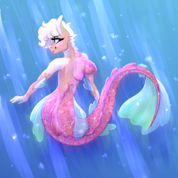 Size: 2000x2000 | Tagged: safe, artist:periwinklechick, oc, oc only, oc:peaches à la mode, mermaid, anthro, bubble, crepuscular rays, dorsal fin, fin, fins, fish tail, flowing mane, flowing tail, gills, high res, male, male oc, offspring, parent:cheese sandwich, parent:pinkie pie, parents:cheesepie, scales, smiling, solo, sunlight, swimming, tail, underwater, water