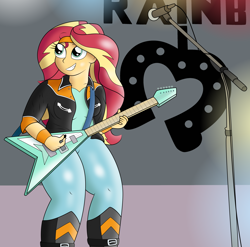 Size: 3550x3509 | Tagged: safe, artist:sparkfler85, derpibooru exclusive, sunset shimmer, human, equestria girls 10th anniversary, equestria girls, g4, boots, bracelet, clothes, dire straits, electric guitar, female, flying v, guitar, guitar pick, headband, high res, jacket, jewelry, leather, leather jacket, microphone, musical instrument, pants, parody, playing instrument, shoes, smiling, solo