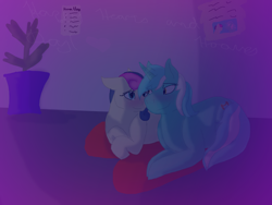 Size: 2048x1536 | Tagged: safe, artist:maplestarthecat, bon bon, lyra heartstrings, sweetie drops, earth pony, pony, unicorn, g4, blushing, duo, duo female, female, floppy ears, lesbian, lying down, mare, prone, ship:lyrabon, shipping, smiling