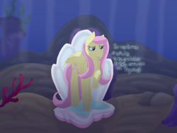 Size: 2048x1536 | Tagged: safe, artist:maplestarthecat, fluttershy, pegasus, pony, g4, coral, crepuscular rays, female, mare, ocean, raised hoof, seashell, seaweed, singing, solo, sunlight, underwater, water, we're not flawless