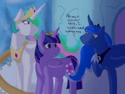 Size: 2048x1536 | Tagged: safe, artist:maplestarthecat, princess celestia, princess luna, twilight sparkle, alicorn, pony, g4, twilight's kingdom, dialogue, female, mare, new crown, trio, twilight sparkle (alicorn)