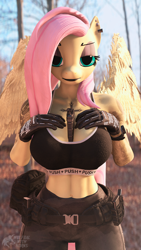 Size: 2160x3840 | Tagged: safe, artist:opty-face, fluttershy, pegasus, anthro, g4, 3d, 4k, ammunition, between breasts, big breasts, breasts, busty fluttershy, chest tattoo, clothes, ear piercing, earring, female, gloves, hand on breasts, high res, jewelry, looking at you, mare, midriff, piercing, solo, source filmmaker, tattoo, unamused