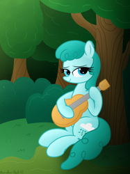 Size: 3016x4032 | Tagged: safe, artist:rainbowšpekgs, spring melody, sprinkle medley, pegasus, pony, g4, female, forest, grass, guitar, hoof hold, mare, musical instrument, nature, show accurate, sitting, smiling, solo, tail, tree