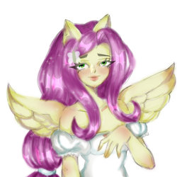 Size: 1280x1280 | Tagged: safe, artist:namiko31, fluttershy, human, equestria girls, g4, bare shoulder portrait, bare shoulders, blushing, bust, female, looking at you, ponied up, portrait, shoulder blush, simple background, smiling, smiling at you, solo, spread wings, white background, wing blush, wings