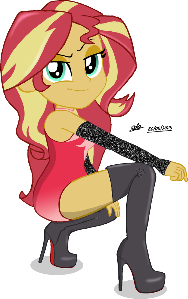 [bodysuit,boots,clothes,equestria girls,high heels,kneeling,leather,looking at you,photoshop,safe,sexy,shoes,simple background,solo,superhero,thigh boots,thigh highs,transparent background,sunset shimmer,high heel boots,sleeveless,stupid sexy sunset shimmer,leather boots,artist:gibsterboy5,equestria girls 10th anniversary]