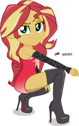Size: 910x1450 | Tagged: safe, artist:gibsterboy5, sunset shimmer, human, equestria girls 10th anniversary, equestria girls, g4, bodysuit, boots, clothes, high heel boots, high heels, kneeling, leather, leather boots, leotard, looking at you, photoshop, sexy, shoes, simple background, sleeveless, solo, stupid sexy sunset shimmer, superhero, thigh boots, transparent background
