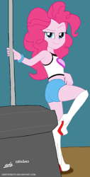 Size: 1039x2048 | Tagged: safe, artist:gibsterboy5, pinkie pie, human, equestria girls 10th anniversary, equestria girls, g4, boots, clothes, high heel boots, high heels, looking at you, outdoors, photoshop, pole dancing, red sole shoes, shoes, shorts, simple background, sleeveless, solo, stripper pole, thigh boots