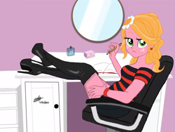 Size: 2048x1536 | Tagged: safe, artist:gibsterboy5, idw, sunflower (g4), human, equestria girls 10th anniversary, equestria girls, g4, blouse, book, boots, chair, clothes, desk, female, flower, flower in hair, high heel boots, high heels, looking at you, microskirt, miniskirt, pencil, shoes, skirt, solo, thigh boots