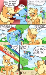 Size: 3190x5240 | Tagged: safe, artist:galaxy swirl, applejack, rainbow dash, earth pony, pegasus, pony, comic:applecrash, g4, absurd resolution, alternate hairstyle, apple, applejack is not amused, comic, cross-popping veins, dialogue, duo, duo female, emanata, eye contact, eyebrows, eyebrows visible through hair, eyes closed, female, floppy ears, flying, folded wings, food, freckles, gritted teeth, hatless, implied fluttershy, lesbian, looking at each other, looking at someone, missing accessory, nervous, nervous sweat, open mouth, pigtails, ponytail, ship:appledash, shipping, speech bubble, spread wings, sweat, sweatdrop, talking, teenage applejack, teenager, teeth, unamused, wings, younger