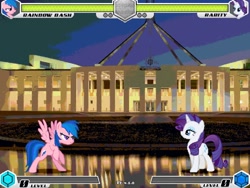 Size: 1080x810 | Tagged: safe, artist:tom artista, firefly, rainbow dash, rarity, pegasus, pony, unicorn, fighting is magic, g1, g4, bipedal, duo, fan game, female, looking at each other, looking at someone, mare, palette swap, place, recolor, stage