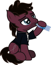 Size: 894x1140 | Tagged: safe, artist:lightningbolt, derpibooru exclusive, earth pony, pony, g4, .svg available, bring me the horizon, clothes, colored pupils, disguise, disguised seapony, drinking, facial hair, jewelry, jordan fish, lidded eyes, male, necklace, ponified, shirt, show accurate, simple background, sitting, solo, stallion, svg, t-shirt, transparent background, vector, water, water bottle