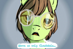 Size: 862x575 | Tagged: safe, artist:catachromatic, strawberry fields, earth pony, pony, g4, colored sketch, dialogue, glasses, gradient background, grainy, imagine, implied cloudsdale, john lennon, male, open mouth, ponified, shaded sketch, singing, sketch, solo, speech bubble, stallion