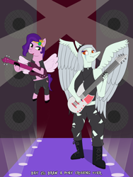 Size: 3000x4000 | Tagged: safe, artist:khazard, pipp petals, pegasus, pony, g5, my little pony: make your mark, my little pony: tell your tale, alternate clothes, atg 2023, bass guitar, crossover, electric guitar, fang (goodbye volcano high), female, goodbye volcano high, guitar, heavy metal pipp, musical instrument, newbie artist training grounds, nonbinary, snoot game, speaker, stage, stage light