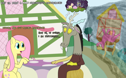 Size: 4000x2500 | Tagged: safe, artist:khazard, discord, fluttershy, lily, lily valley, g4, atg 2023, building, chaos, daydream, food, high res, newbie artist training grounds, ponyville, restaurant, sitting, table, tea