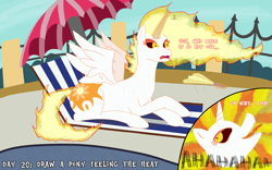 Size: 4000x2500 | Tagged: safe, artist:khazard, daybreaker, alicorn, pony, g4, atg 2023, beach chair, chair, fan, fanning, female, fence, fire, high res, laughing, lying down, mane of fire, newbie artist training grounds, poolside, solo, umbrella