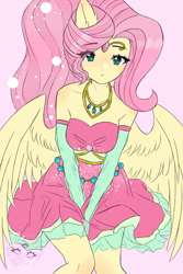 Size: 2000x3000 | Tagged: safe, artist:annixell, fluttershy, human, equestria girls, g4, bare shoulders, breasts, busty fluttershy, clothes, dress, evening gloves, eye clipping through hair, female, gloves, high res, jewelry, long gloves, looking at you, necklace, pink background, ponied up, simple background, solo, tiara
