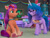 Size: 1290x980 | Tagged: safe, screencap, izzy moonbow, phyllis cloverleaf, sprout cloverleaf, sunny starscout, earth pony, pony, unicorn, g5, my little pony: make your mark, my little pony: make your mark chapter 4, top remodel, spoiler:g5, bandolier, banner, blurry background, bracelet, bust, canterlove studios, concave belly, couch, cropped, duo, duo female, female, glasses, hoof heart, indoors, izzy's crafting glasses, jewelry, mane stripe sunny, mare, paintbrush, portrait, rainbow, raised hoof, sitting, sunny's bag, underhoof, upside-down hoof heart