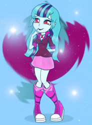 Size: 1921x2608 | Tagged: safe, artist:wojtek-ツ, derpibooru exclusive, sonata dusk, human, equestria girls 10th anniversary, equestria girls, g4, my little pony equestria girls: better together, my little pony equestria girls: rainbow rocks, anniversary, boots, breasts, cleavage, clothes, cutie mark background, eye clipping through hair, eyeshadow, female, gem, happy, jewelry, legs, legs together, lidded eyes, loose hair, makeup, open mouth, open smile, screencap reference, shoes, skirt, smiling, solo, sparkles