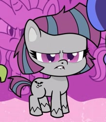 Size: 381x436 | Tagged: safe, screencap, noctula, rutabaga rascal, earth pony, pony, unicorn, g4.5, my little pony: pony life, the shows must go on, angry, annoyed, female, frown, gray coat, lip bite, mare, narrowed eyes, not blossomforth, scowl, solo focus, unshorn fetlocks