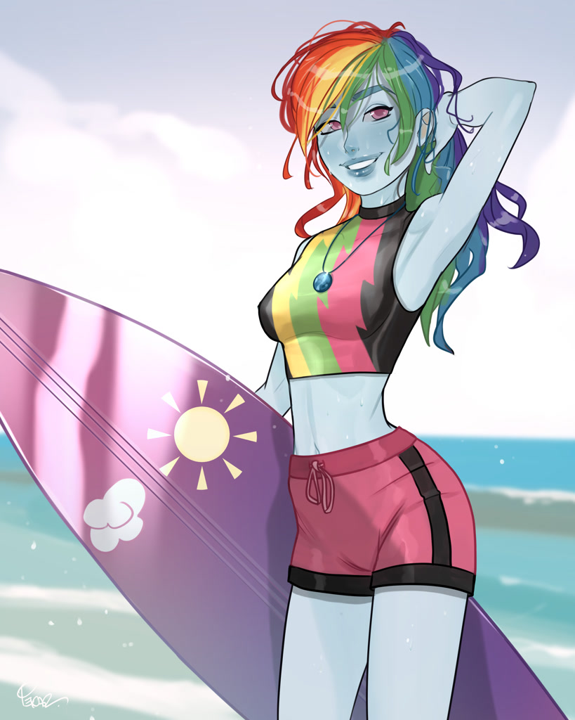 [beach,breasts,clothes,equestria girls,female,human,looking at you,midriff,ocean,rainbow dash,safe,solo,surfboard,swimsuit,water,reasonably sized breasts,part of a set,smiling,smiling at you,multiple variants,magical geodes,arm behind head,geode of super speed,forgotten friendship,equestria girls series,artist:joe pekar]
