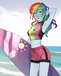 Size: 3200x4000 | Tagged: safe, artist:joe pekar, part of a set, rainbow dash, human, equestria girls, equestria girls specials, g4, my little pony equestria girls: better together, my little pony equestria girls: forgotten friendship, arm behind head, beach, belly button, breasts, clothes, female, geode of super speed, looking at you, magical geodes, midriff, multiple variants, ocean, pony coloring, rainbow dash's beach shorts swimsuit, reasonably sized breasts, smiling, smiling at you, solo, surfboard, swimsuit, water