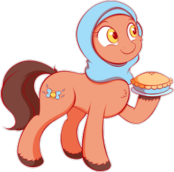 Size: 1701x1681 | Tagged: safe, artist:wownamesarehard, derpibooru exclusive, idw, earth pony, pony, g5, spoiler:comic, spoiler:g5comic, spoiler:g5comic13, background pony, concave belly, female, food, hijab, hoof hold, mare, pie, simple background, solo, transparent background, unnamed character, unnamed pony, unshorn fetlocks