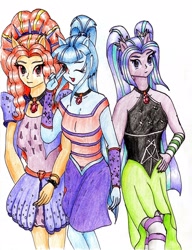 Size: 2336x3036 | Tagged: safe, artist:40kponyguy, derpibooru exclusive, adagio dazzle, aria blaze, sonata dusk, human, equestria girls 10th anniversary, equestria girls, g4, clothes, high res, looking at you, one eye closed, ponied up, simple background, skirt, the dazzlings, traditional art, victory sign, white background