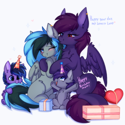 Size: 4000x4000 | Tagged: safe, artist:pesty_skillengton, oc, oc only, oc:luny, oc:pestyskillengton, pegasus, pony, biting, blushing, child, family, female, foal, happy birthday, heterochromia, hug, intersex, jewelry, love, male, mare, mother and child, nom, offspring, parent:oc:luny, parent:oc:pestyskillengton, parents:oc x oc, present, ring, siblings, simple background, stallion, tail, tail bite, text, twins, white background, wings