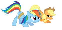 Size: 6000x2919 | Tagged: safe, artist:siennaexecrate, applejack, rainbow dash, earth pony, pegasus, pony, fall weather friends, g4, bound wings, crouching, duo, female, mare, rope, running of the leaves, simple background, transparent background, vector, wings