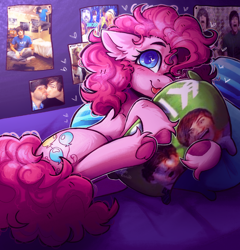 Size: 2226x2320 | Tagged: safe, artist:yumkandie, pinkie pie, earth pony, pony, g4, :p, bed, bedroom, ear fluff, female, freckles, frog (hoof), heart, heart eyes, high res, lying down, one eye closed, pillow, smosh, solo, tongue out, underhoof, unshorn fetlocks, wingding eyes, wink
