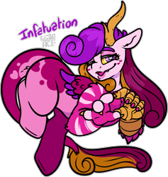 Size: 1705x1795 | Tagged: safe, artist:sexygoatgod, oc, oc only, oc:infatuation, draconequus, hybrid, pony, adoptable, draconequus hybrid, interspecies offspring, offspring, one eye closed, parent:discord, parent:princess cadance, parent:queen chrysalis, parents:discolis, simple background, solo, transparent background, wink