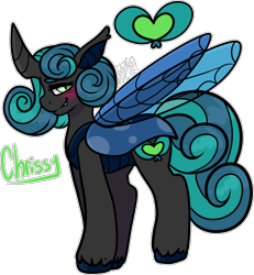 Size: 1580x1708 | Tagged: safe, alternate version, artist:sexygoatgod, queen chrysalis, oc, oc only, oc:chrissy, changedling, changeling, pony, g4, adoptable, alternate universe, blushing, female, holeless, purified chrysalis, simple background, solo, transparent background