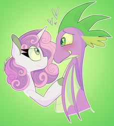 Size: 1280x1409 | Tagged: safe, artist:cosmicriff, spike, sweetie belle, dragon, pony, unicorn, g4, blushing, female, gradient background, green background, heart, heart eyes, looking at each other, looking at someone, male, mare, older, older spike, older sweetie belle, ship:spikebelle, shipping, smiling, straight, wingding eyes, winged spike, wings