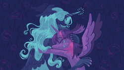 Size: 1362x768 | Tagged: safe, artist:webkinzworldz, princess luna, twilight sparkle, alicorn, pony, anthro, g4, alternate color palette, alternate hairstyle, comforting, crying, dark background, duo, duo female, female, hug, lesbian, ship:twiluna, shipping, spread wings, wing ears, wings