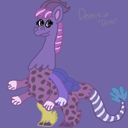 Size: 1000x1000 | Tagged: safe, artist:mintwhistle, oc, oc only, oc:demisia, draconequus, cloven hooves, draconequus oc, feathered fetlocks, female, four arms, horns, medibang paint, multiple arms, nickname, purple background, simple background, smiling, solo, unshorn fetlocks