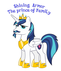 Size: 1831x2143 | Tagged: safe, anonymous artist, shining armor, alicorn, pony, g4, alicornified, beard, closed mouth, crown, eyebrows, eyelashes, facial hair, folded wings, goatee, happy, hoof shoes, horn, jewelry, looking, looking at you, male, moustache, name, older, older shining armor, prince shining armor, race swap, regalia, royalty, shiningcorn, simple background, solo, stallion, standing, text, transparent background, wings