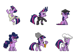 Size: 1200x800 | Tagged: safe, artist:alumina nitride, twilight sparkle, pony, unicorn, a royal problem, friendship is magic, g4, it's about time, mmmystery on the friendship express, the last roundup, bag, ballerina, bubble pipe, clothes, dancing, deerstalker, detective, future twilight, graduation cap, hat, pipe, pixel art, saddle bag, sherlock holmes, sherlock sparkle, simple background, sitting, standing, transparent background, tutu, twilarina, unicorn twilight