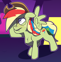 Size: 211x217 | Tagged: safe, artist:toongrowner, edit, oc, oc only, oc:zap-apple jam, pegasus, pony, comic:to fix a feud by fusion, cowboy hat, cropped, dizzy, female, fusion, fusion:applejack, fusion:rainbow dash, hat, mare, spread wings, stetson, wings