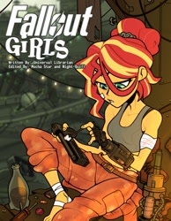 Size: 796x1024 | Tagged: safe, artist:rad, sunset shimmer, human, fanfic:fallout girls, equestria girls, g4, bandage, bare shoulders, bottlecap, cleaning, clothes, cover art, fanfic art, gun, nuka cola, screwdriver, sleeveless, solo, tank top, weapon
