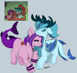 Size: 934x890 | Tagged: safe, artist:wionzz, aria blaze, sonata dusk, earth pony, hybrid, pegasus, pony, siren, equestria girls, g4, antlers, fawnata, female, fish tail, injured, latinaria, lesbian, mojarras gays, sad face, screencap reference, ship:arisona, shipping, tail, wings