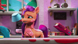 Size: 1920x1082 | Tagged: safe, screencap, hitch trailblazer, pipp petals, sunny starscout, earth pony, pegasus, pony, g5, my little pony: make your mark, my little pony: make your mark chapter 4, sunny side up, spoiler:g5, spoiler:my little pony: make your mark, spoiler:my little pony: make your mark chapter 4, spoiler:mymc04e04, animated, earpiece, female, flapping, flapping wings, juice, kitchen, male, mane stripe sunny, mare, mess, offscreen character, refrigerator, shaking, sound, stallion, webm, wings, yelling