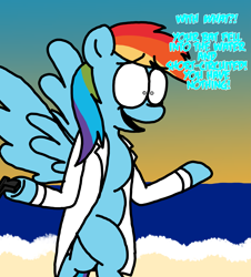 Size: 3023x3351 | Tagged: safe, artist:professorventurer, rainbow dash, pegasus, pony, fanfic:rainbow factory, series:ask pippamena, g4, bipedal, clothes, crazy face, faic, fanfic art, gun, high res, lab coat, rainbow factory dash, taunting, walking, weapon